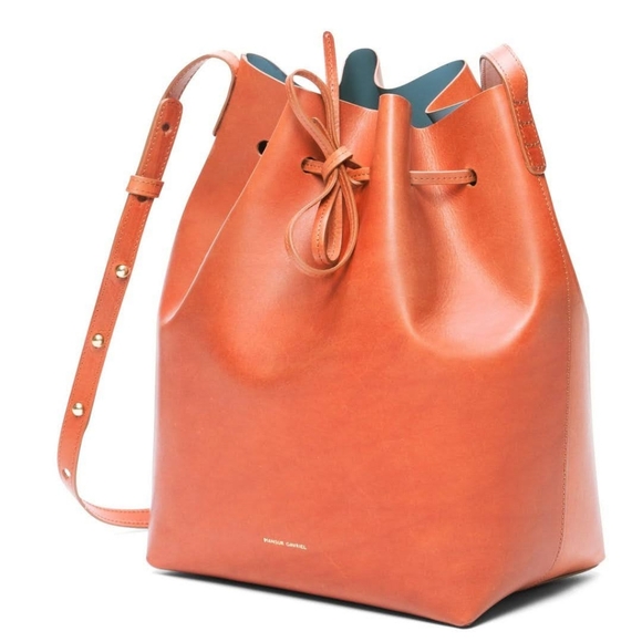 NWT Mansur Gavriel drawstring bucket leather bag in Brandy, Azure Interior - Picture 10 of 13
